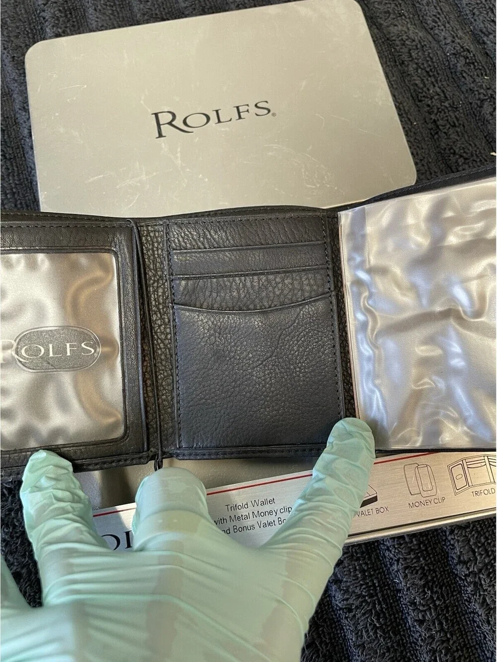 ROLFS Tri-Fold Black Leather Wallet with Money Clip Tin Box. NEW